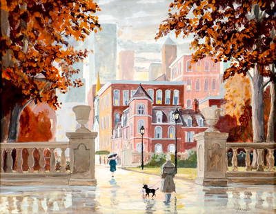 George Karl Ralph (NY,NJ,20C) gouache painting: ARTIST: George Karl Ralph (New York, New Jersey, 20 century) TITLE: Autumn Cityscape MEDIUM: gouache on paper CONDITION: Very good. Framed under glass. Wear to frame.