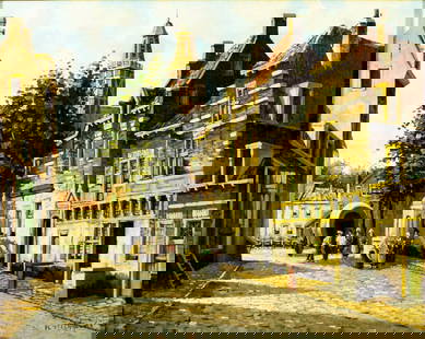 Pieter Cornelis Steenhouwer (Dutch,1896-1972) oil painting: ARTIST: Pieter Cornelis Steenhouwer (Netherlands, 1896 - 1972) TITLE: Dutch Cityscape MEDIUM: oil on canvas CONDITION: Missing a few flakes of paint. Some craquelure. No v