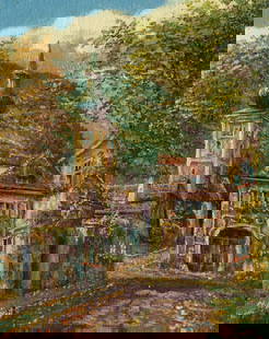 M Schony (German,1913-?) oil painting: ARTIST: M Schony (Germany, 1913 - ???) TITLE: Kahlenbergerdorf Town Scene, Austria MEDIUM: oil on canvas CONDITION: Unstretched (In-House stretching available). Overall go