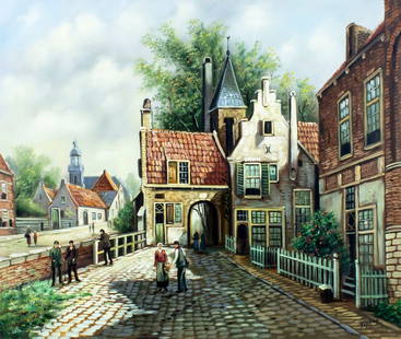H J Topman (Dutch,1907-?) oil painting: ARTIST: H J Topman (Netherlands, 1907 - ???) TITLE: Dutch Cityscape MEDIUM: oil on canvas CONDITION: Unstretched (In-House stretching available). Overall good. No visible