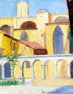 Hildegarde Hamilton (FL,VA,1898-1970) oil painting: ARTIST: Hildegarde Hume Hamilton (Florida, Virginia, 1898 - 1970) TITLE: Cityscape MEDIUM: oil on canvas CONDITION: Some paint losses mostly along edges. Minor craquelure.