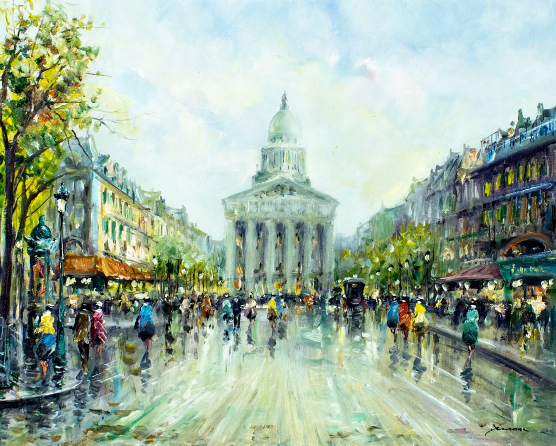Salvadore Demone (Italy,1928-?) oil painting: ARTIST: Salvadore Demone (Italian, 1928 - ???) TITLE: Paris Cityscape, France MEDIUM: oil on canvas CONDITION: Unstretched (In-House stretching available). Overall good. N