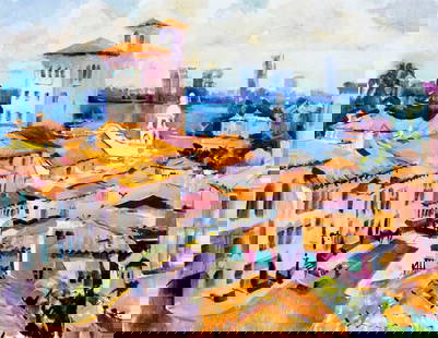 Peter Williams (NY,New Zealand,1934-2018) oil painting: ARTIST: Peter Williams (New York, New Zealand, 1934 - 2018) TITLE: Cityscape - Palm Beach, FL MEDIUM: oil on canvas CONDITION: Very good. No visible inpaint under UV light.<