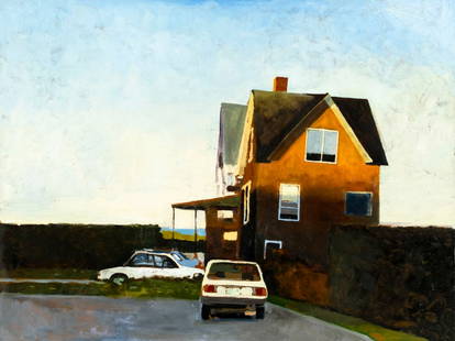 Dmitri Cavander (CT,CA,20/21C) oil painting: ARTIST: Dmitri Cavander (Connecticut, California, 20/21 centuries) TITLE: Landscape with Cottage and Cars YEAR: 1996 MEDIUM: oil on board CONDITION: Over