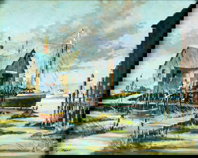 Joseph Torre (NJ,20C) oil painting: ARTIST: Joseph Torre (New Jersey, 20 century) TITLE: Down East (titled on verso) MEDIUM: oil on canvas board CONDITION: Overall good. No visible inpaint under UV light. Wear