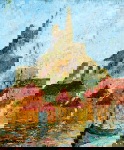 Hildegarde Hamilton (FL,VA,1898-1970) oil painting: ARTIST: Hildegarde Hume Hamilton (Florida, Virginia, 1898 - 1970) TITLE: Mountain Cityscape MEDIUM: oil on canvas CONDITION: Unstretched (In-House stretching available). S