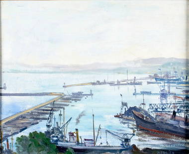 Jean Eugene Bersier (France,1895-1978) oil painting: ARTIST: Jean Eugene Bersier (French, 1895 - 1978) TITLE: Le Port dAlger au Matin (titled on stretcher) YEAR: 1968 MEDIUM: oil on canvas CONDITION: Few