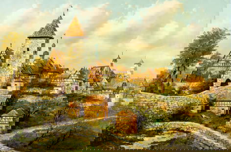 Peter Samberger (Austria,Germany,1929-?) oil painting: ARTIST: Peter Samberger (Austrian, German, 1929 - ???) TITLE: Cityscape MEDIUM: oil on canvas CONDITION: Unstretched (In-House stretching available). Few minor paint loss