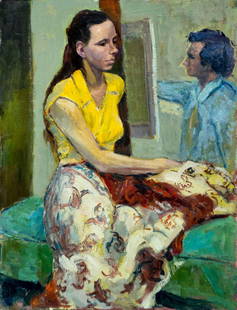 Albert Bela Bauer (Hungary,NY,1899-1998) oil painting: ARTIST: Albert Bela Bauer (Hungarian, New York, 1899 - 1998) TITLE: Woman Posing for Artist MEDIUM: oil on canvas CONDITION: Few very minor scratches/paint losses. No v