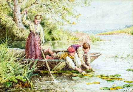 Antique early 20C British watercolor painting signed: ARTIST: - (British, early 20 century) TITLE: Mother with Children in Boat YEAR: 1906 MEDIUM: watercolor on paper CONDITION: Minor age toning. Framed un