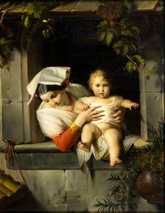 Giuseppe Mazzolini (Italy,1806-1876) oil painting antique: ARTIST: Giuseppe Mazzolini (Italian, 1806 - 1876) TITLE: Mother and Child at Window MEDIUM: oil on canvas. Canvas applied to board. CONDITION: Few minor scratches/paint lo
