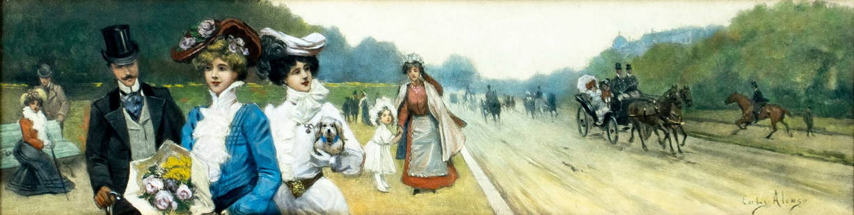 ATTRIB Carlos Alonso Perez (Spain,1881-1914) watercolor painting antique: ARTIST: ATTRIBUTED TO Carlos Alonso Perez (Spanish, 1881 - 1914) TITLE: Street Scene MEDIUM: watercolor on heavy paper CONDITION: Some age toning. Framed under glass. Some