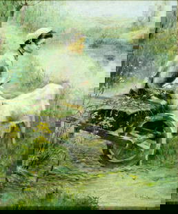R Vinton (US,20C) oil painting: ARTIST: R Vinton (American, 20 century) TITLE: Tranquility MEDIUM: oil on canvas CONDITION: Overall good. No visible inpaint under UV light. ART SIZE: 2