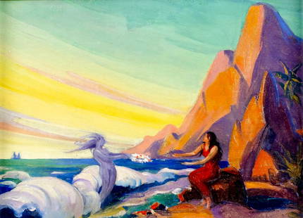 Carl Brandien (NY,1886-1965) oil painting: ARTIST: Carl William Brandien (New York, 1886 - 1965) TITLE: The Spirit of Aloha MEDIUM: oil on canvas. Canvas applied to board. CONDITION: Missing a few flakes of paint.