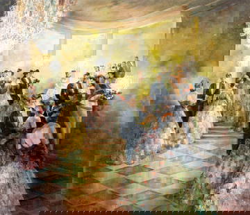 C Coletti (Romania,Germany,1934-?) oil painting: ARTIST: C Coletti (Romanian,German, 1934 - ???) TITLE: Ball Scene MEDIUM: oil on canvas CONDITION: Unstretched (In-House stretching available). Some small paint losses. No