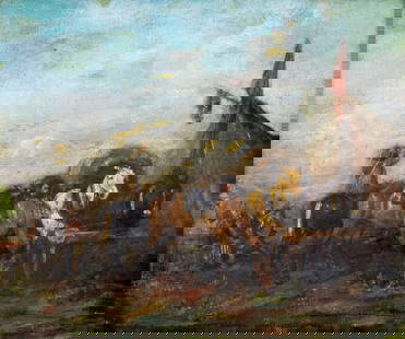Alfred Friedlander (Austrian,German,1860-1927) oil painting antique: ARTIST: Alfred Ritter von Malheim Friedlander (Austria, Germany, 1860 - 1927) NAME: Military Encampment MEDIUM: oil on canvas CONDITION: Missing few flakes of paint. Very minor craquelure.