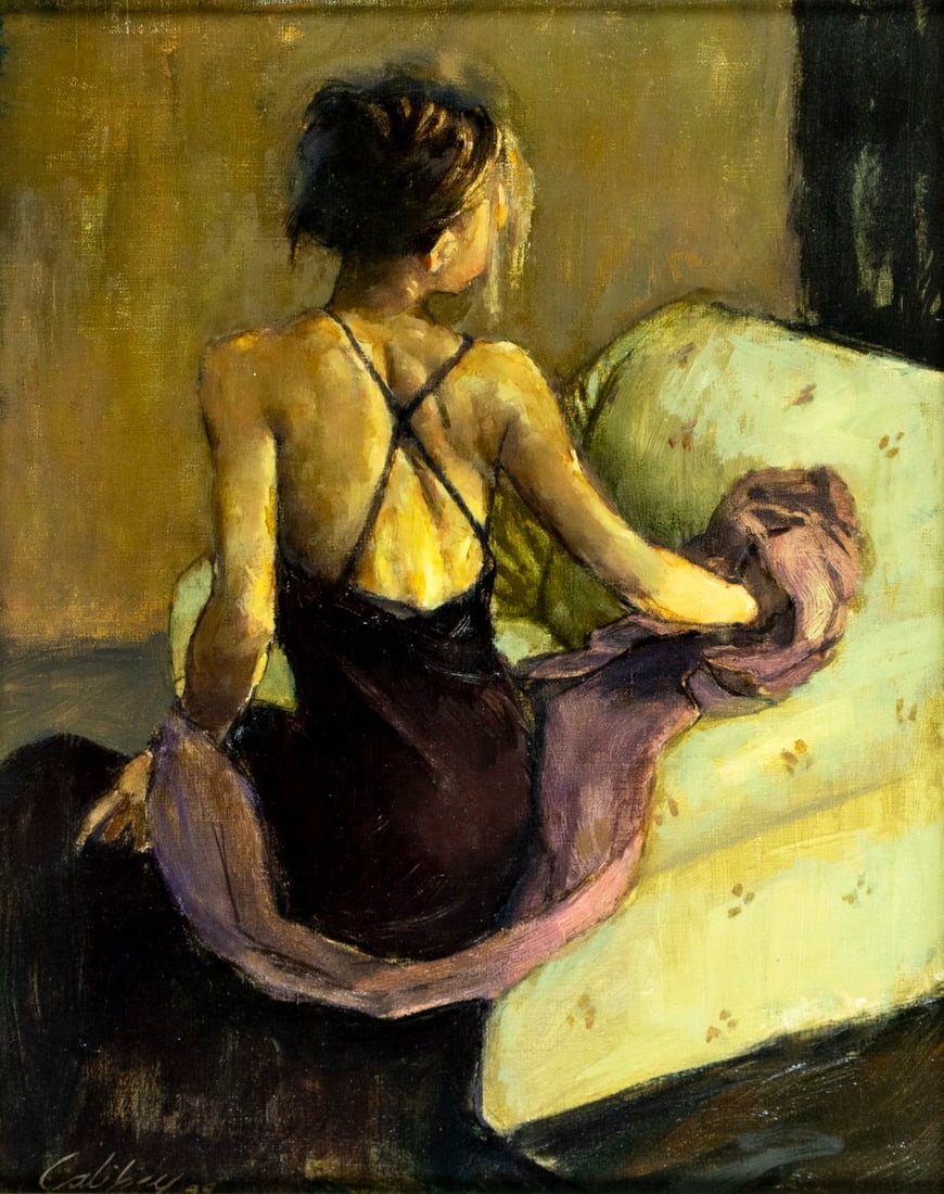 Gregory Calibey (CT,NC,b 1959) oil painting: ARTIST: Gregory Calibey (Connecticut, North Carolina, born 1959) TITLE: Seated Woman in Black Dress MEDIUM: oil on canvas CONDITION: Overall good. No visible inpaint under U