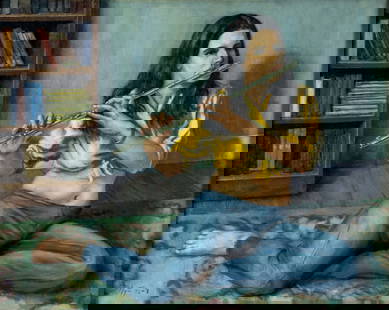 Elyot Henderson (ME,NJ,1908-1975) oil painting: ARTIST: Elyot Henderson (Maine, New Jersey, 1908 - 1975) TITLE: The Flute Player YEAR: 1973 MEDIUM: oil on canvas CONDITION: One small scratch along th
