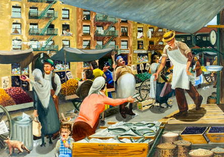 Leonard Brodsky (US,mid 20C) oil painting: ARTIST: Leonard Brodsky (American, mid 20 century) TITLE: Market Scene YEAR: 1957 MEDIUM: oil on canvas CONDITION: Two nail holes by the upper and lower