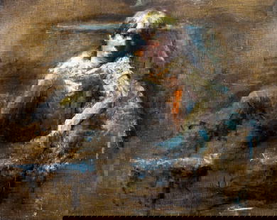 Vintage 20C American oil painting: ARTIST: - (American, 20 century) TITLE: Resting Boy MEDIUM: oil on canvas CONDITION: Few small paint losses along edges. Two scratches (biggest 3"). No visible inpaint und