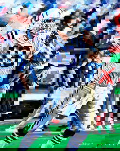 Robert Killion (PA,NY,FL,MA,?-2021) oil painting: ARTIST: Robert Killion (Pennsylvania, New York, Florida, Massachusetts, ??? - 2021) TITLE: Peyton Manning, Colts (titled on verso) YEAR: 2006 MEDIUM: oil on canvas
