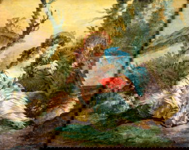 Antique early 20C French oil painting: ARTIST: - (France, early 20 century) AFTER Francois Boucher (France, Italy, 1703 - 1770) TITLE: Pastoral Scene MEDIUM: oil on canvas CONDITION: Few small paint losses. Som