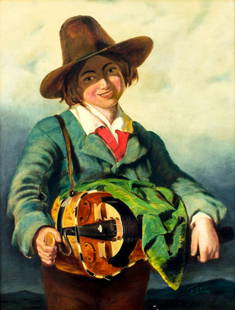 Talbot (Europe, 19C) oil painting antique: ARTIST: Talbot (European, 19 century) NAME: Hurdy Gurdy Player MEDIUM: oil on canvas CONDITION: Relined. Missing few flakes of paint. Minor craquelure. Few small scattered inpaintings. Minor