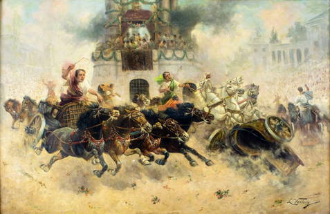 L Vertesy (Europe,early 20C) oil painting antique: ARTIST: L Vertesy (European, early 20 century) TITLE: Chariot Race MEDIUM: oil on canvas CONDITION: Few small paint losses. Some scattered inpaintings. ART SIZE: