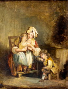 Antique 19C British oil painting: ARTIST: - (United Kingdom, 19 century) TITLE: Mother with Children MEDIUM: oil on canvas CONDITION: Relined. Few minor paint losses. Some craquelure. Some scattered inpait