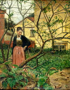 William Feron (Sweden,1858-1894) oil painting antique: ARTIST: William Feron (Swedish, 1858 - 1894) TITLE: Peasant Girl in Garden MEDIUM: oil on canvas CONDITION: Minor scratches/paint losses. Minor craquelure. Some scattered