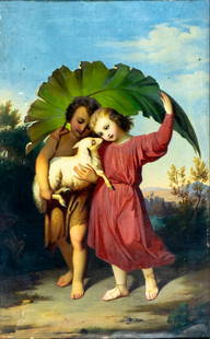 Antique 19C European oil painting signed: ARTIST: - (Europe, 19 century) TITLE: Saint John, Jesus and The Lamb YEAR: 1869 MEDIUM: oil on canvas CONDITION: One patch. Some scratches/paint losses