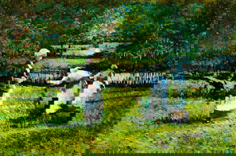 Donald Purdy (CT,1924-2016) oil painting: ARTIST: Donald Purdy (Connecticut, 1924 - 2016) TITLE: Harvesting MEDIUM: oil on board CONDITION: Few very minor scratches/paint losses. One minor inpainting by the lower