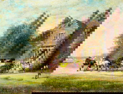 Alfred Thompson (NY,MD,NJ,1840-1896) oil painting antique: ARTIST: Alfred Wordsworth Thompson (New York, Maryland, New Jersey, 1840 - 1896) NAME: Carriage and Mansion YEAR: 1875 MEDIUM: oil on canvas CONDITION: One puncture. Some