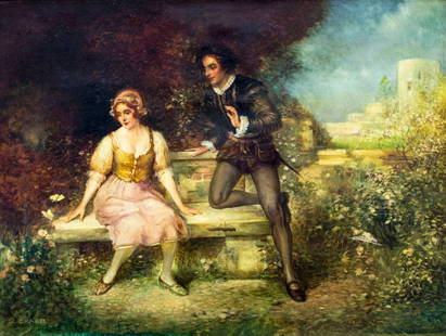 Karl Exner (Austria,20C) oil painting: ARTIST: Karl Exner (Austrian, 20 century) NAME: Courting Couple on the Bench MEDIUM: oil on canvas CONDITION: One tear with corresponding paint loss repaired with patch. Some craquelure. One