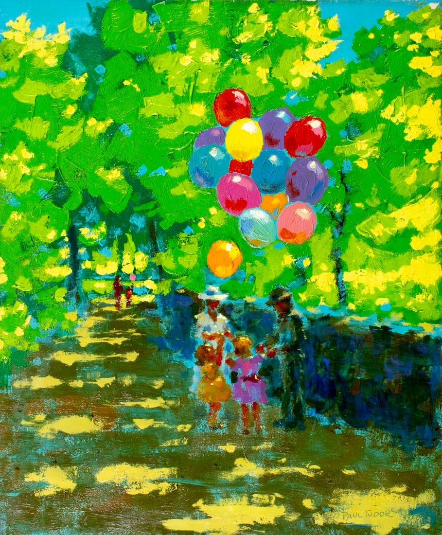 Paul Tudor (20C) oil painting: ARTIST: Paul Tudor (20 century) TITLE: Park Scene with Balloons Seller MEDIUM: oil on canvas CONDITION: Unstretched (In-House stretching available). Some paint losses mostly