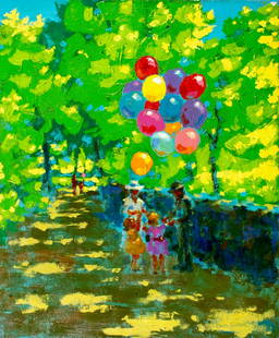 Paul Tudor (20C) oil painting: ARTIST: Paul Tudor (20 century) TITLE: Park Scene with Balloons Seller MEDIUM: oil on canvas CONDITION: Unstretched (In-House stretching available). Some paint losses mostly