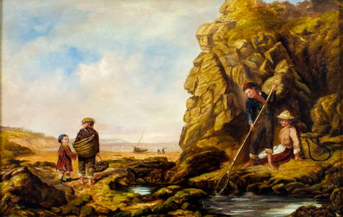 W Johnson (UK,19C) oil painting antique: ARTIST: W Johnson (United Kingdom, 19 century) TITLE: Fishing Scene MEDIUM: oil on board CONDITION: Minor paint losses. Very minor craquelure. Some scattered inpaintings. Mi
