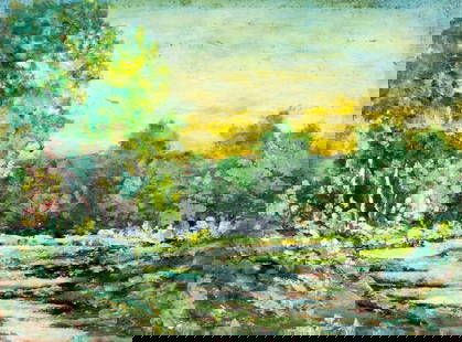Antique early 20C American oil painting: ARTIST: - (American, early 20 century) TITLE: Sunset Landscape MEDIUM: oil on board CONDITION: Some small scratches/paint losses. No visible inpaint under UV light. Normal