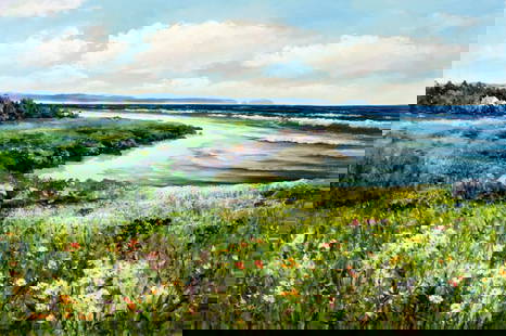 Sang M Lee (South Korea,US,1949-?) oil painting: ARTIST: Sang M Lee (South Korean, American, 1949 - ???) TITLE: Coastal Landscape MEDIUM: oil on canvas CONDITION: Unstretched (In-House stretching available). Overall goo