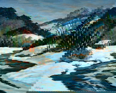 George Holloway (NJ,20C) oil painting: ARTIST: George Holloway (New Jersey, 20 century) TITLE: Winter River Landscape with House MEDIUM: oil on canvas CONDITION: One small scratch/paint loss along lower edge. No