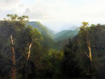 Ron Williams (TN,1947-2016) oil painting: ARTIST: Ron Williams (Tennessee, 1947 - 2016) TITLE: Sunset Mountain Landscape MEDIUM: oil on canvas CONDITION: Very good. No visible inpaint under UV light. Few minor scr
