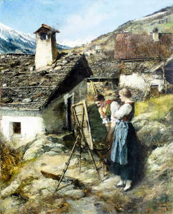 Ferdinand Leeke (German,1859-1923) oil painting antique: ARTIST: Ferdinand Leeke (Germany, 1859 - 1923) TITLE: Alpine Village Landscape with Peasant Women YEAR: 1906 MEDIUM: oil on canvas CONDITION: Few minor