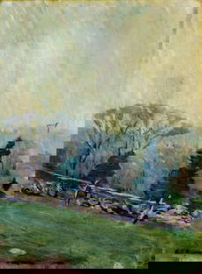 Caroline Haynes (NY,1857-1951) oil painting: ARTIST: Caroline Coventry Haynes (New York, 1857 - 1951) TITLE: Landscape MEDIUM: oil on canvas CONDITION: Few patches. Some small paint losses. Some craquelure. Some scat