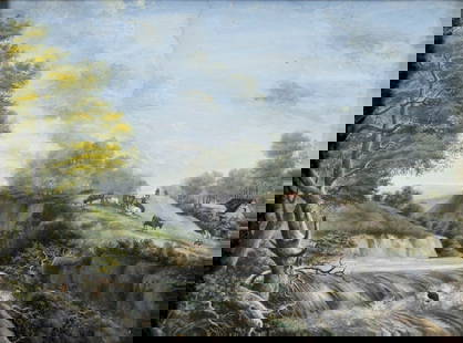 Antique early 20C European oil painting: ARTIST: - (Europe, early 20 century) TITLE: Waterfall Landscape MEDIUM: oil on board CONDITION: Few minor paint losses mostly along edges. Some faint water stains. No visi