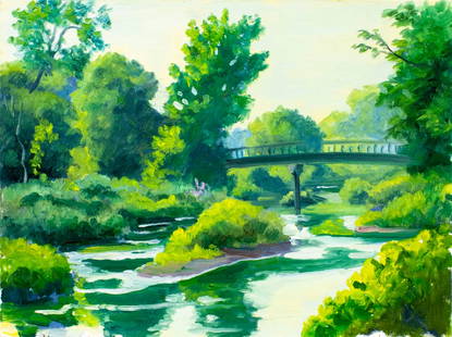 George Holloway (NJ,20C) oil painting: ARTIST: George Holloway (New Jersey, 20 century) TITLE: River Landscape with Bridge MEDIUM: oil on canvas board CONDITION: Overall good. No visible inpaint under UV light.
