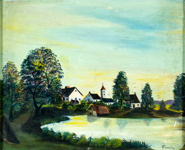 Darocha (US,early 20C) oil painting antique: ARTIST: Darocha (American, early 20 century) TITLE: Village Lake Landscape MEDIUM: oil on canvas CONDITION: Two small patches. Few scratches/paint losses. Some craquelure. N