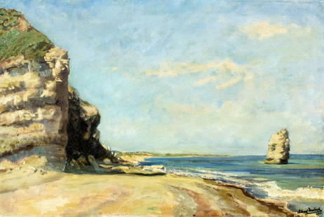 Aksel Morch (Denmark,1883-1960) oil painting antique: ARTIST: Aksel Morch (Danish, 1883 - 1960) TITLE: Coastal Landscape YEAR: 1929 MEDIUM: oil on canvas CONDITION: Few small paint losses. Minor craquelure