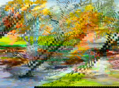John Reilly (NY,NJ,1942-2021) oil painting: ARTIST: John Reilly (New York, New Jersey, 1942 - 2021) TITLE: Autumn Stream Landscape MEDIUM: oil on board CONDITION: Some scratches. No visible inpaint under UV light. N