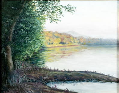 Christina Ergemlidze (NJ,PA,20C) oil painting: ARTIST: Christina Ergemlidze (New Jersey, Pennsylvania, 20 century) TITLE: Sunrise Landscape Over the Delaware River MEDIUM: oil on canvas CONDITION: Very good. No visible i