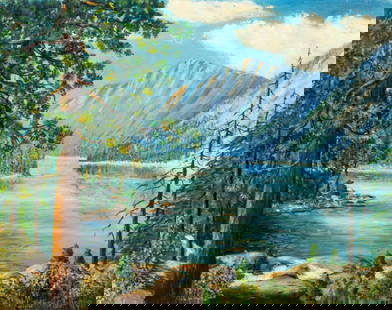 AFTER Emile Albert Gruppe (MA,1896-1978) oil painting: ARTIST: AFTER Emile Albert Gruppe (Massachusetts, 1896 - 1978) TITLE: Mountain Lake Landscape MEDIUM: oil on canvas board CONDITION: Few small damages to the upper edge. F